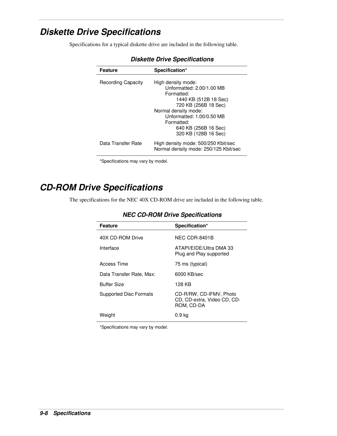 NEC PowerMate CT manual Diskette Drive Specifications, NEC CD-ROM Drive Specifications, Rom, Cd-Da 