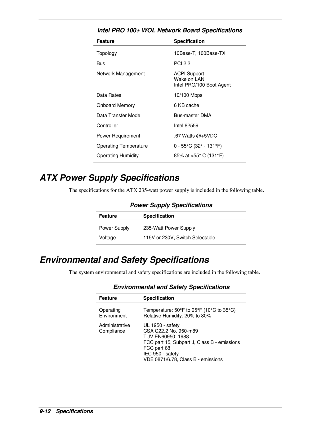 NEC PowerMate CT manual ATX Power Supply Specifications, Environmental and Safety Specifications 