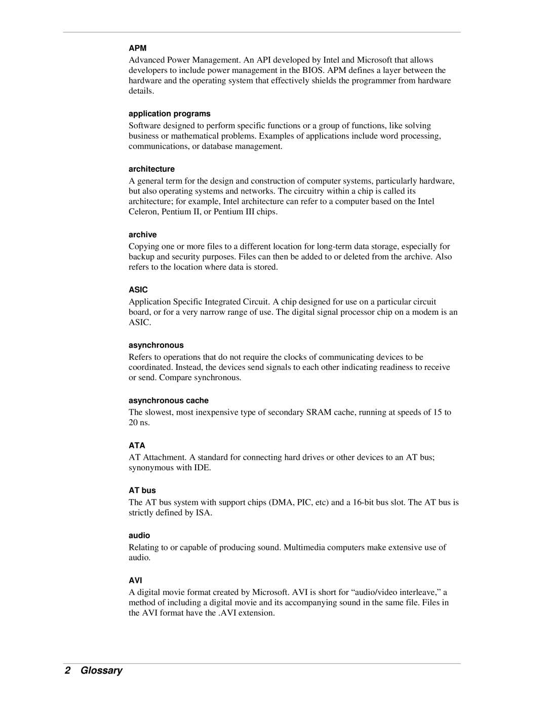 NEC PowerMate CT manual Application programs, Architecture, Archive, Asynchronous cache, AT bus, Audio 