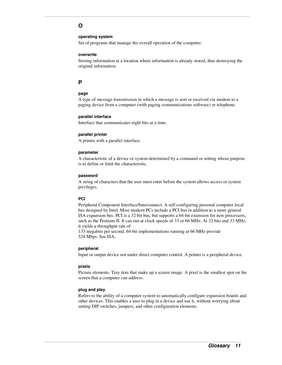 NEC PowerMate CT manual Operating system, Overwrite, Parallel interface, Parallel printer, Parameter, Password, Peripheral 