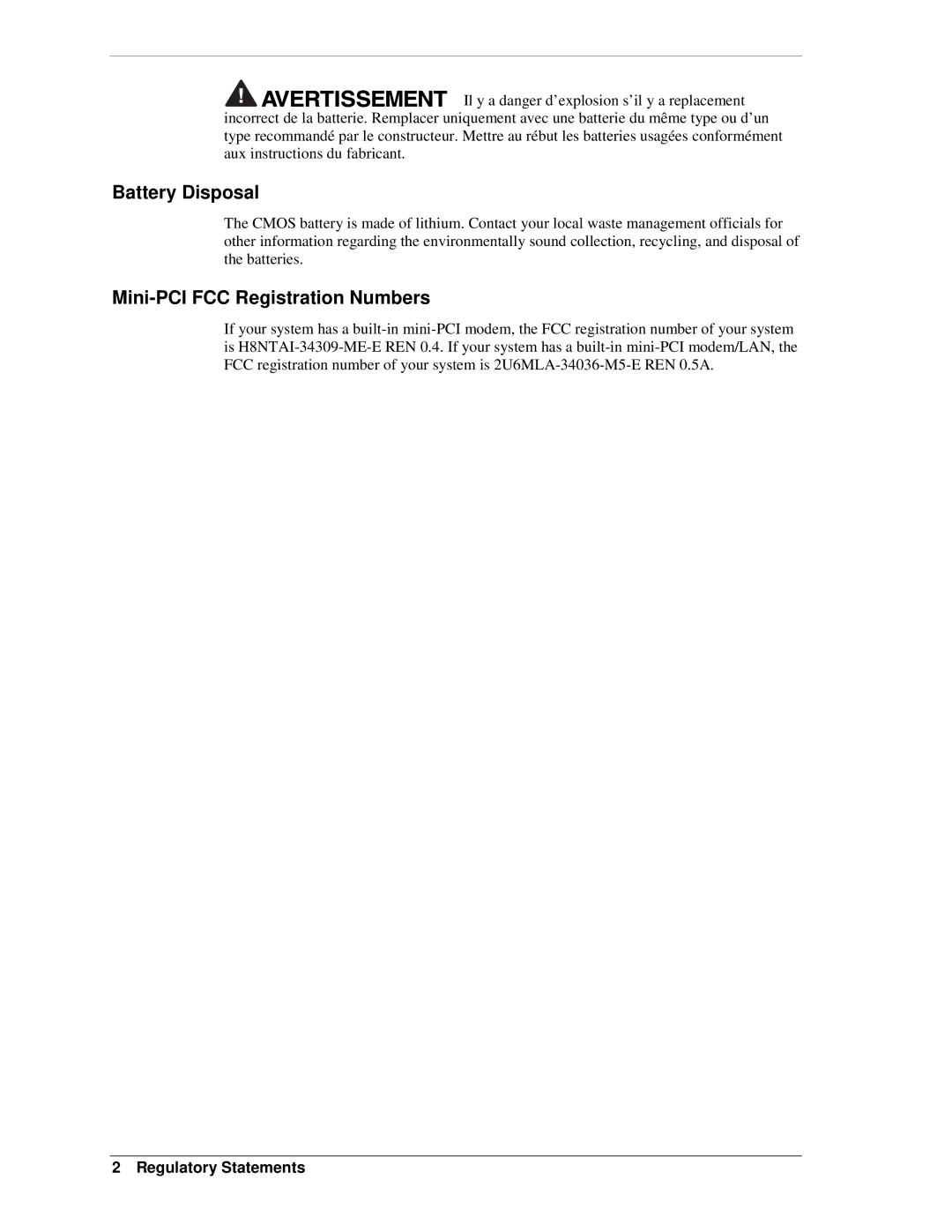 NEC PowerMate CT manual Battery Disposal, Mini-PCI FCC Registration Numbers 