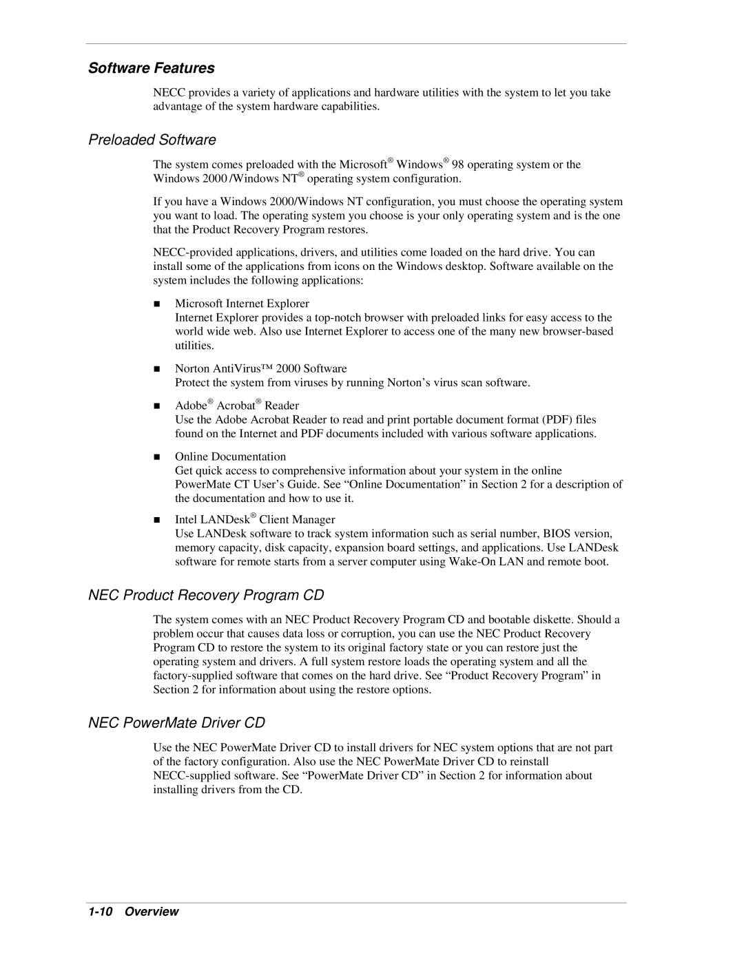 NEC PowerMate CT manual Software Features, Preloaded Software 