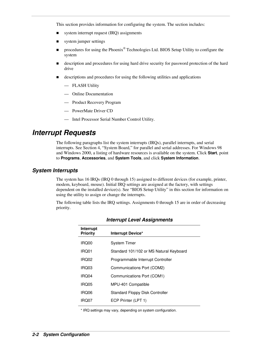 NEC PowerMate CT Interrupt Requests, System Interrupts, Interrupt Level Assignments, Interrupt Priority Interrupt Device 