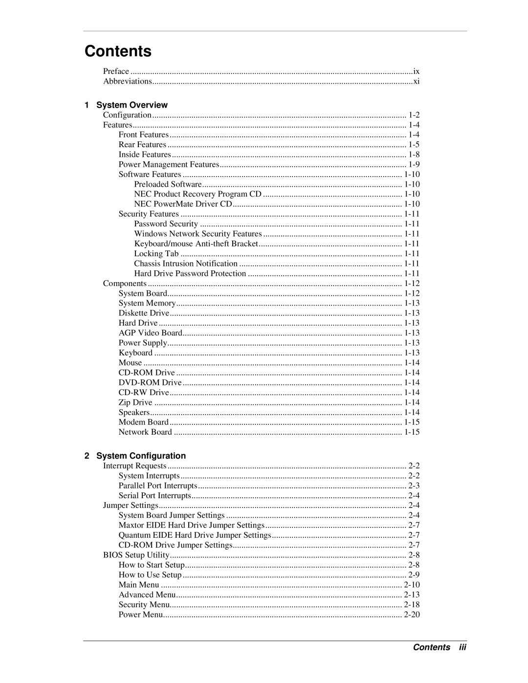 NEC PowerMate CT manual Contents 