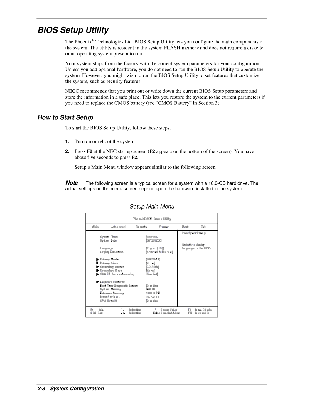 NEC PowerMate CT manual Bios Setup Utility, How to Start Setup, Setup Main Menu 