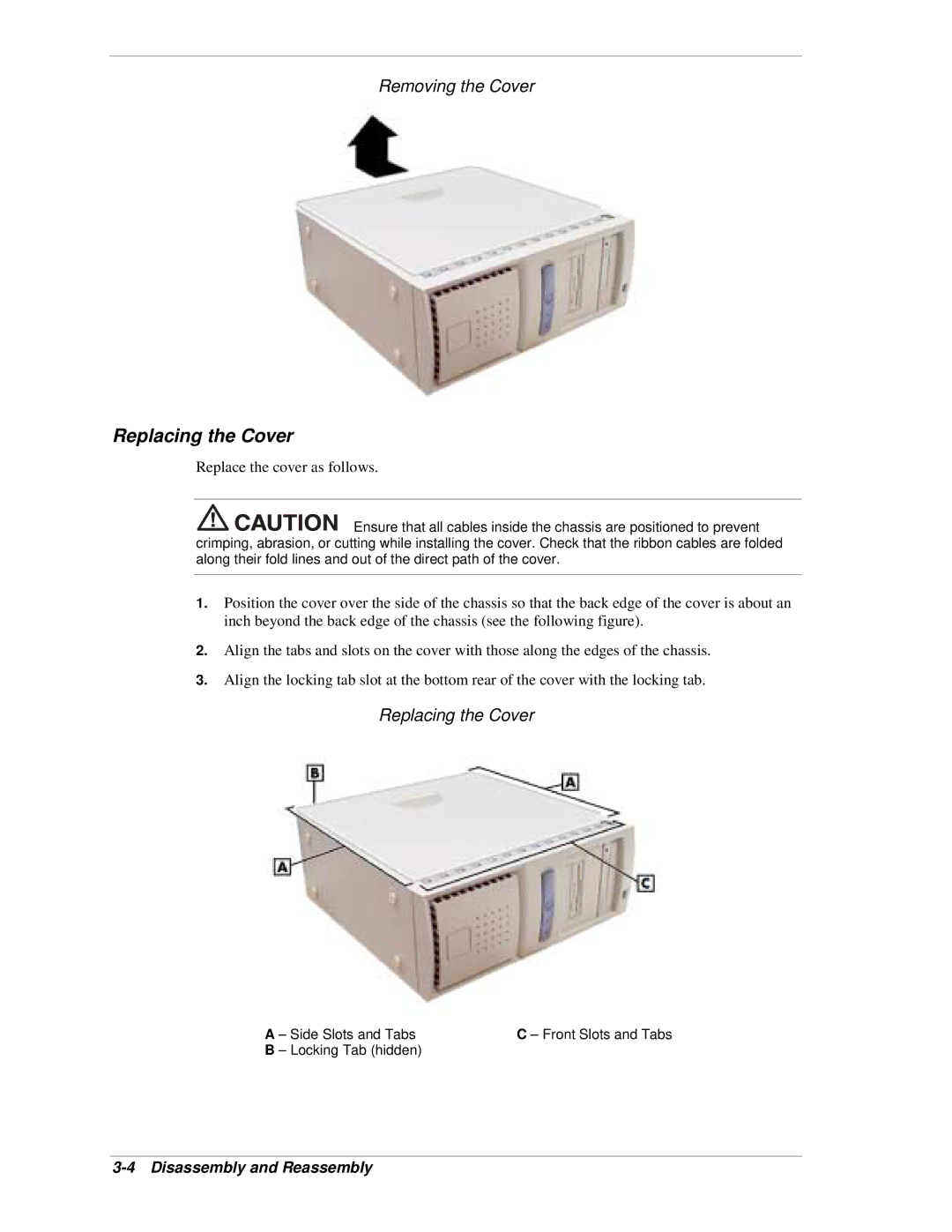 NEC PowerMate CT manual Replacing the Cover, Removing the Cover, Side Slots and Tabs, Locking Tab hidden 