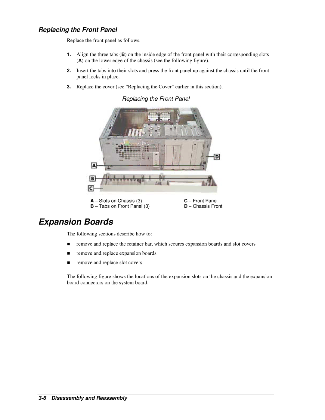 NEC PowerMate CT manual Expansion Boards, Replacing the Front Panel, Slots on Chassis Front Panel Tabs on Front Panel 