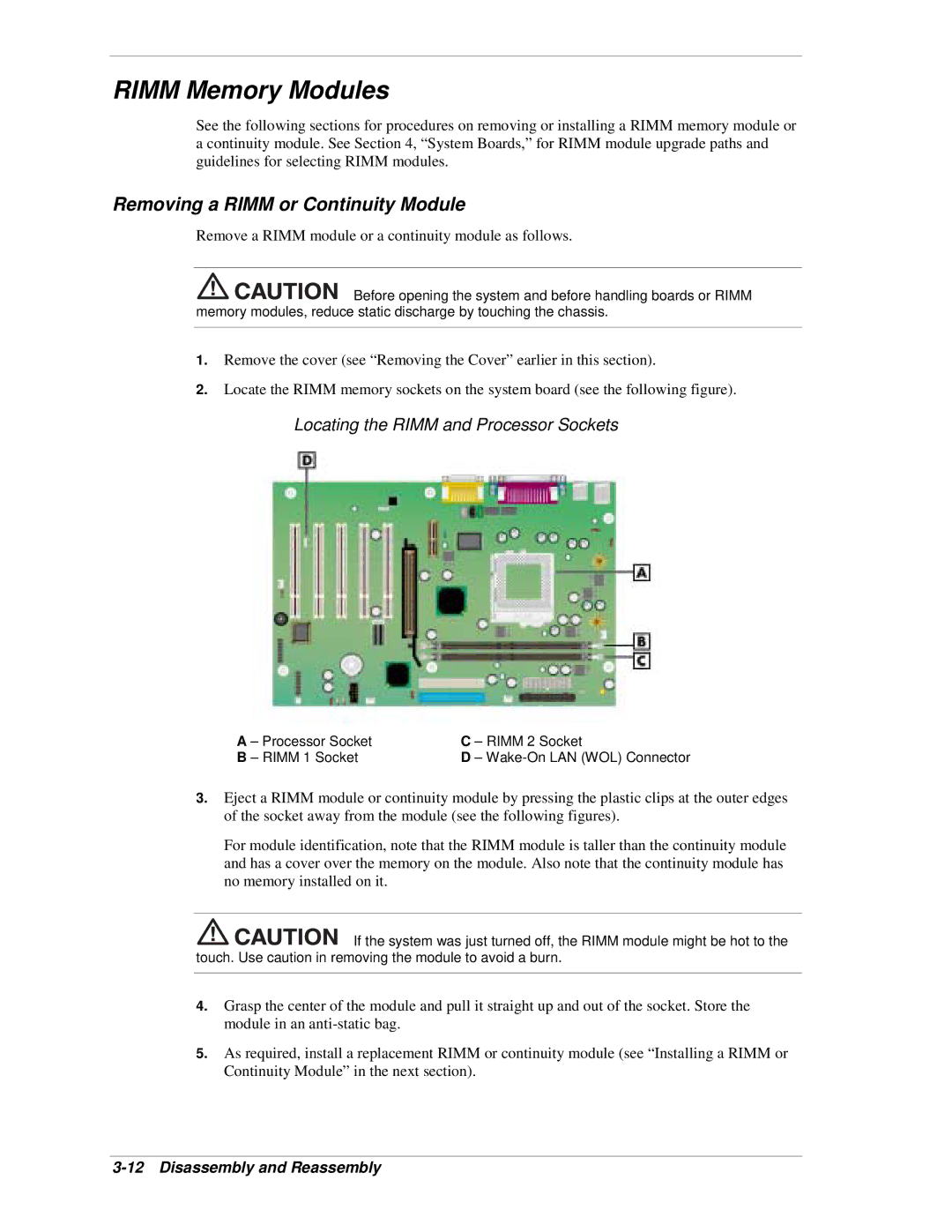 NEC PowerMate CT manual Rimm Memory Modules, Removing a Rimm or Continuity Module, Locating the Rimm and Processor Sockets 