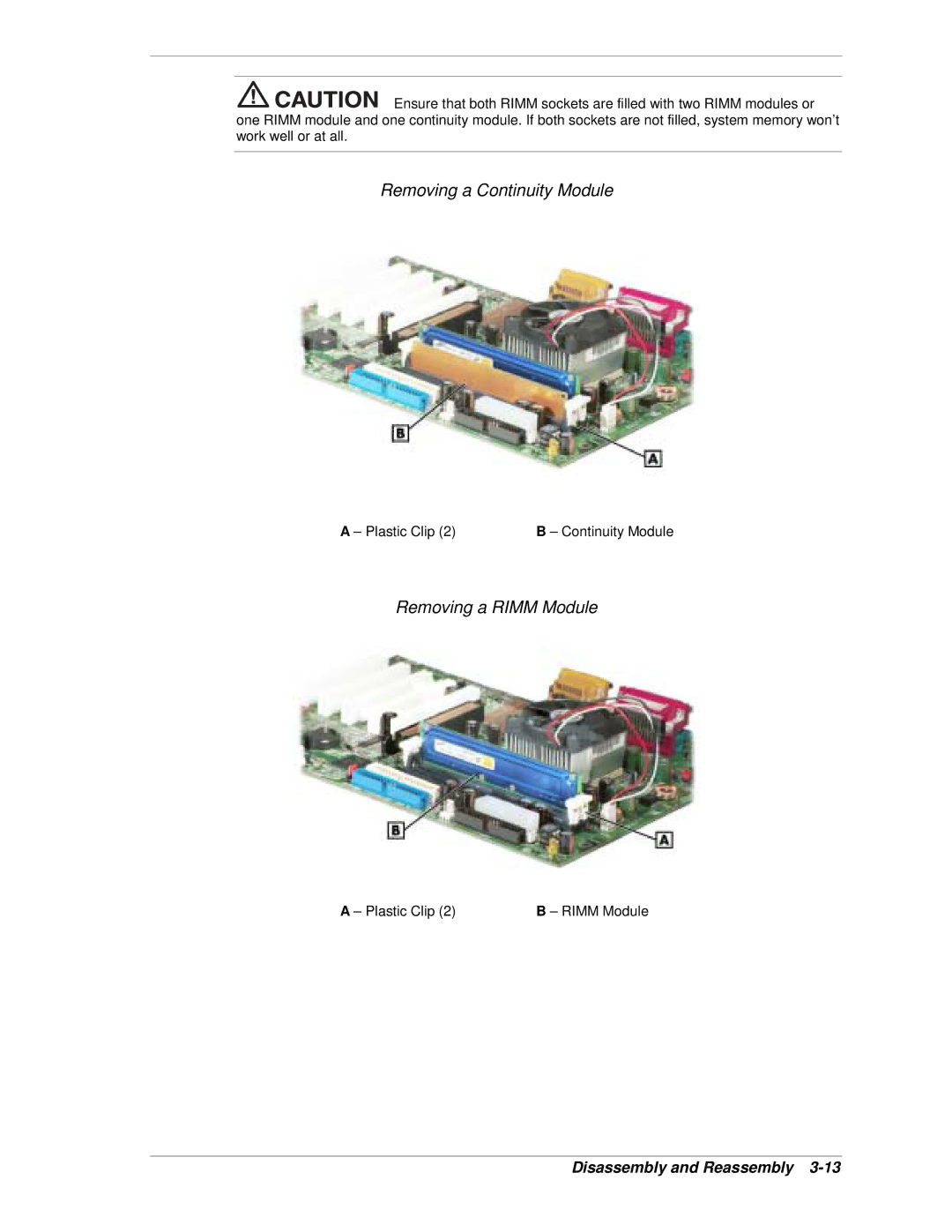 NEC PowerMate CT manual Removing a Continuity Module, Removing a Rimm Module, Plastic Clip Continuity Module 