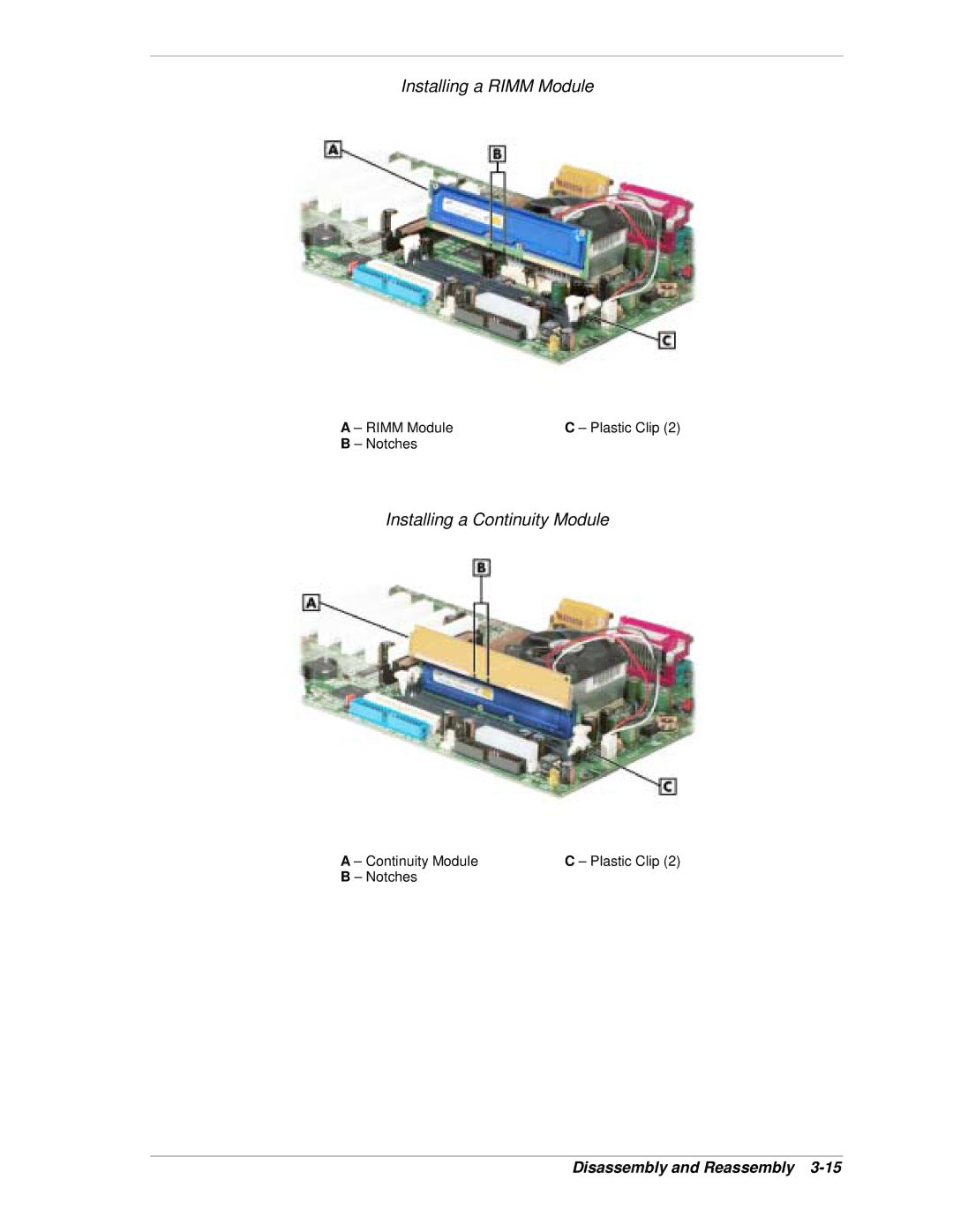NEC PowerMate CT manual Installing a Rimm Module, Installing a Continuity Module, Notches 
