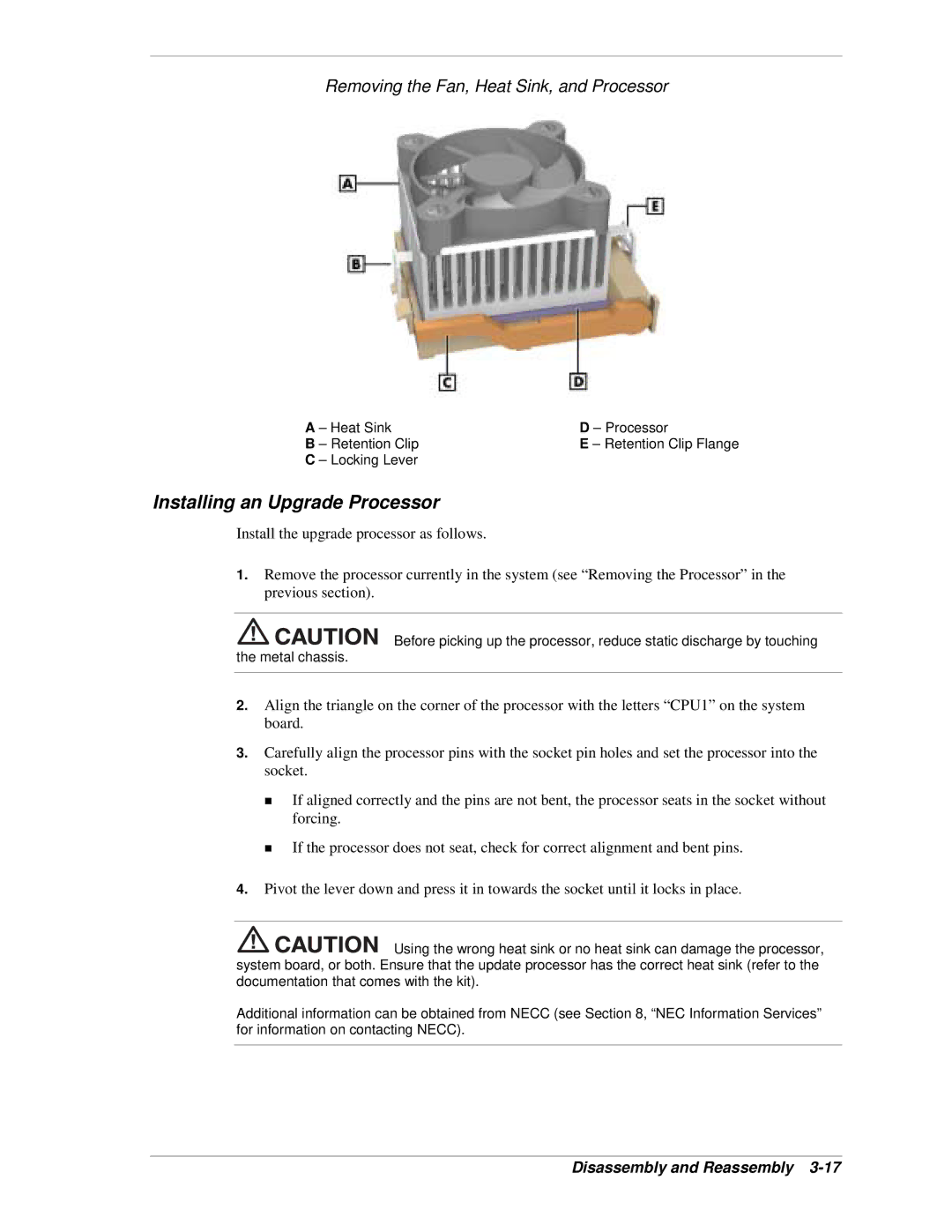 NEC PowerMate CT manual Installing an Upgrade Processor, Removing the Fan, Heat Sink, and Processor, Locking Lever 