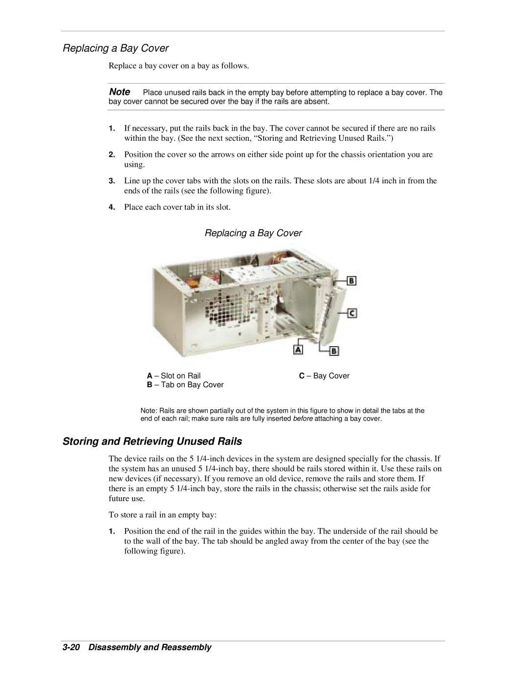 NEC PowerMate CT manual Storing and Retrieving Unused Rails, Replacing a Bay Cover, Slot on Rail Bay Cover Tab on Bay Cover 