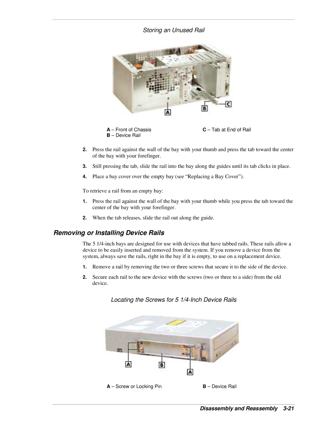 NEC PowerMate CT manual Removing or Installing Device Rails, Storing an Unused Rail, Screw or Locking Pin Device Rail 