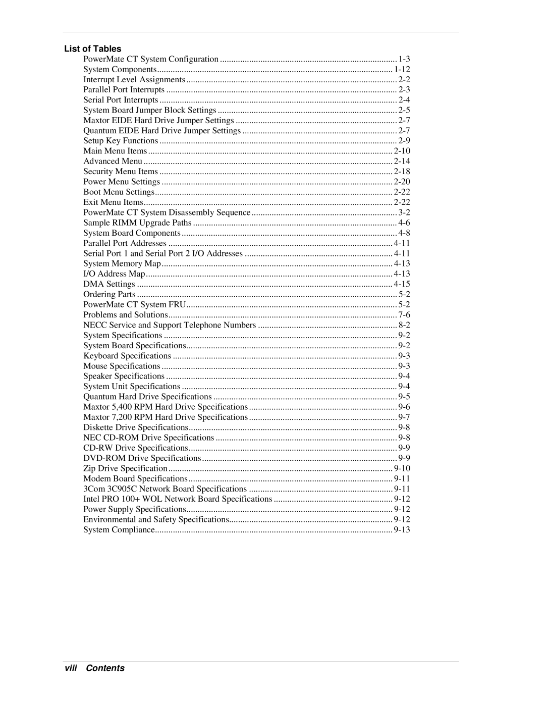 NEC PowerMate CT manual Viii Contents 