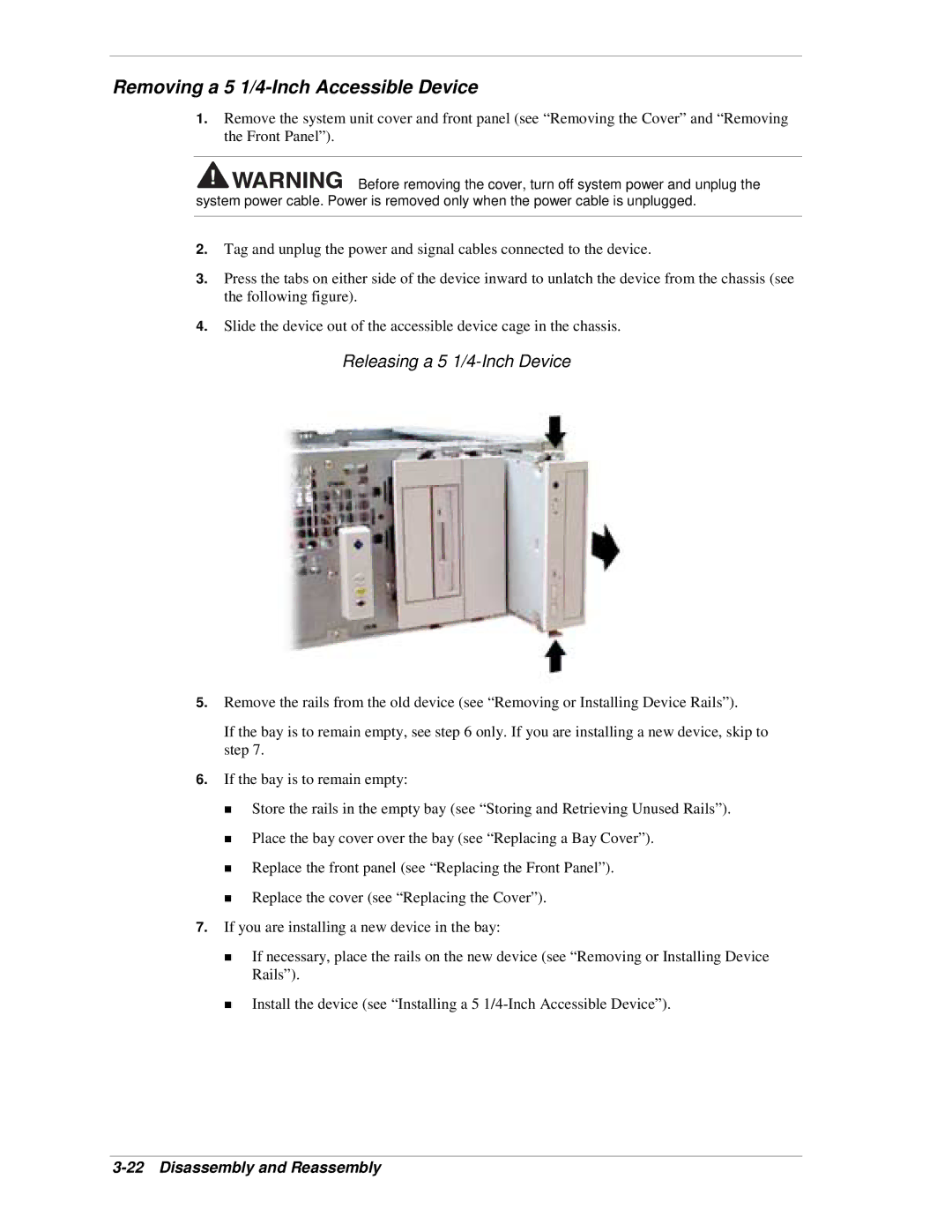 NEC PowerMate CT manual Removing a 5 1/4-Inch Accessible Device, Releasing a 5 1/4-Inch Device 