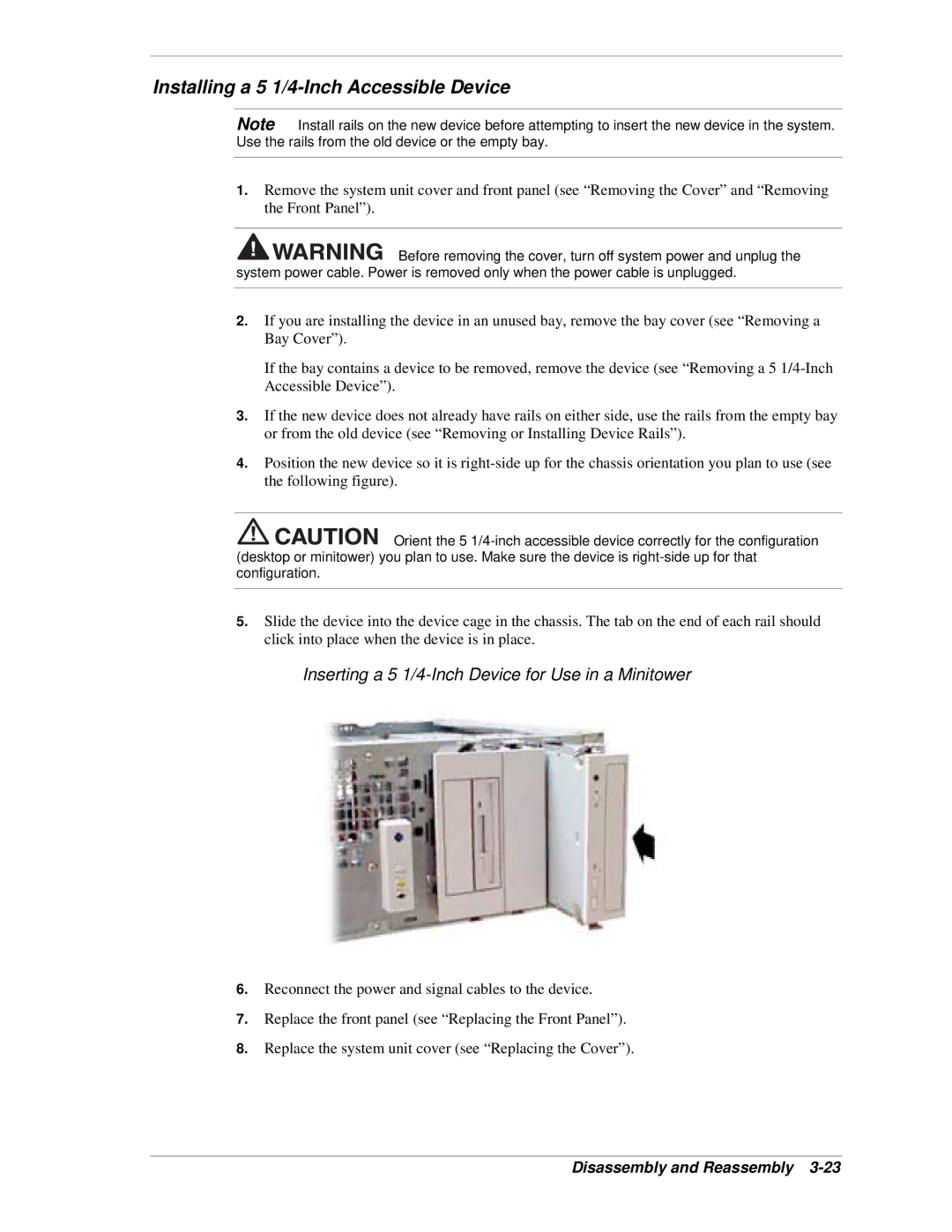 NEC PowerMate CT manual Installing a 5 1/4-Inch Accessible Device, Inserting a 5 1/4-Inch Device for Use in a Minitower 