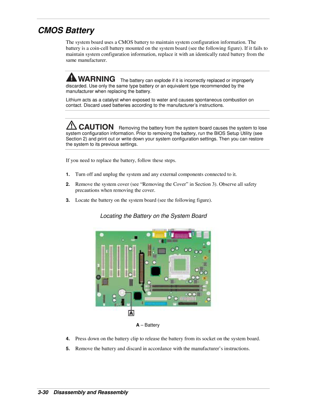 NEC PowerMate CT manual Cmos Battery, Locating the Battery on the System Board 