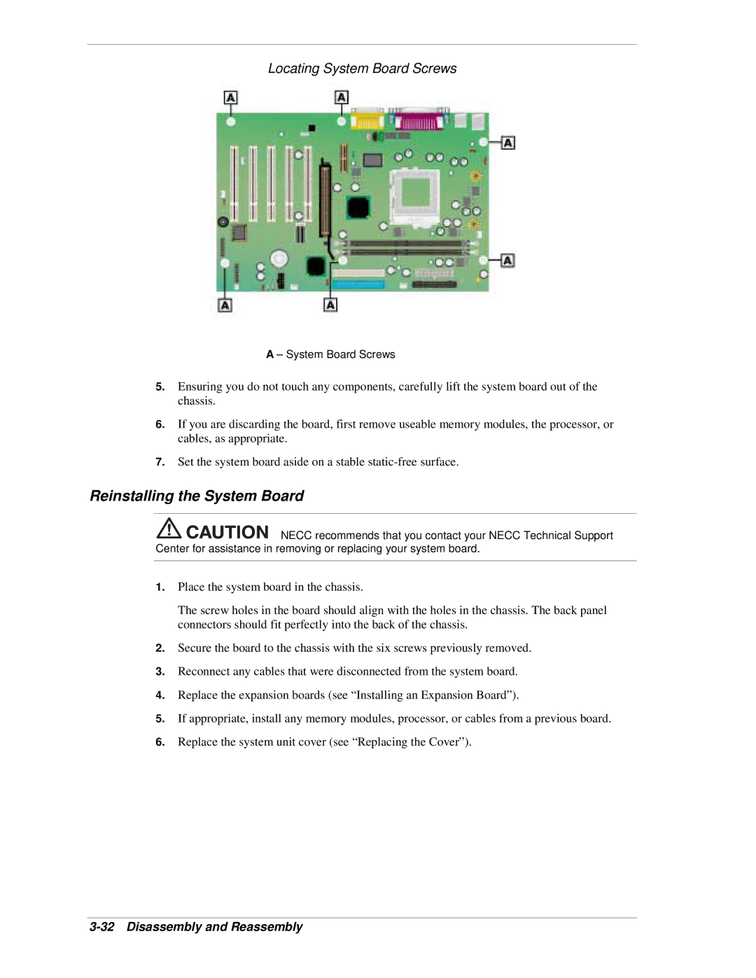 NEC PowerMate CT manual Reinstalling the System Board, Locating System Board Screws 