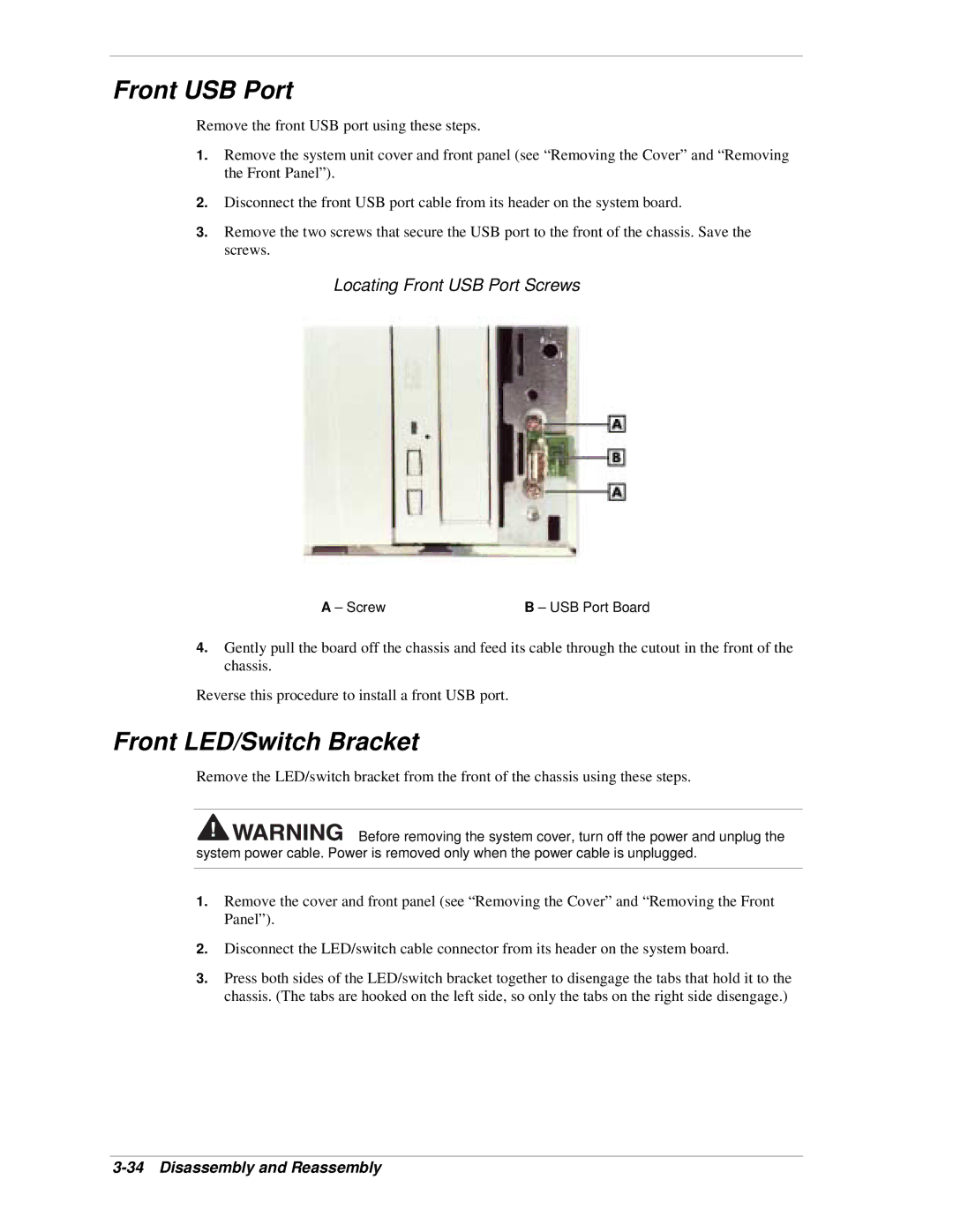 NEC PowerMate CT manual Front LED/Switch Bracket, Locating Front USB Port Screws, Screw USB Port Board 