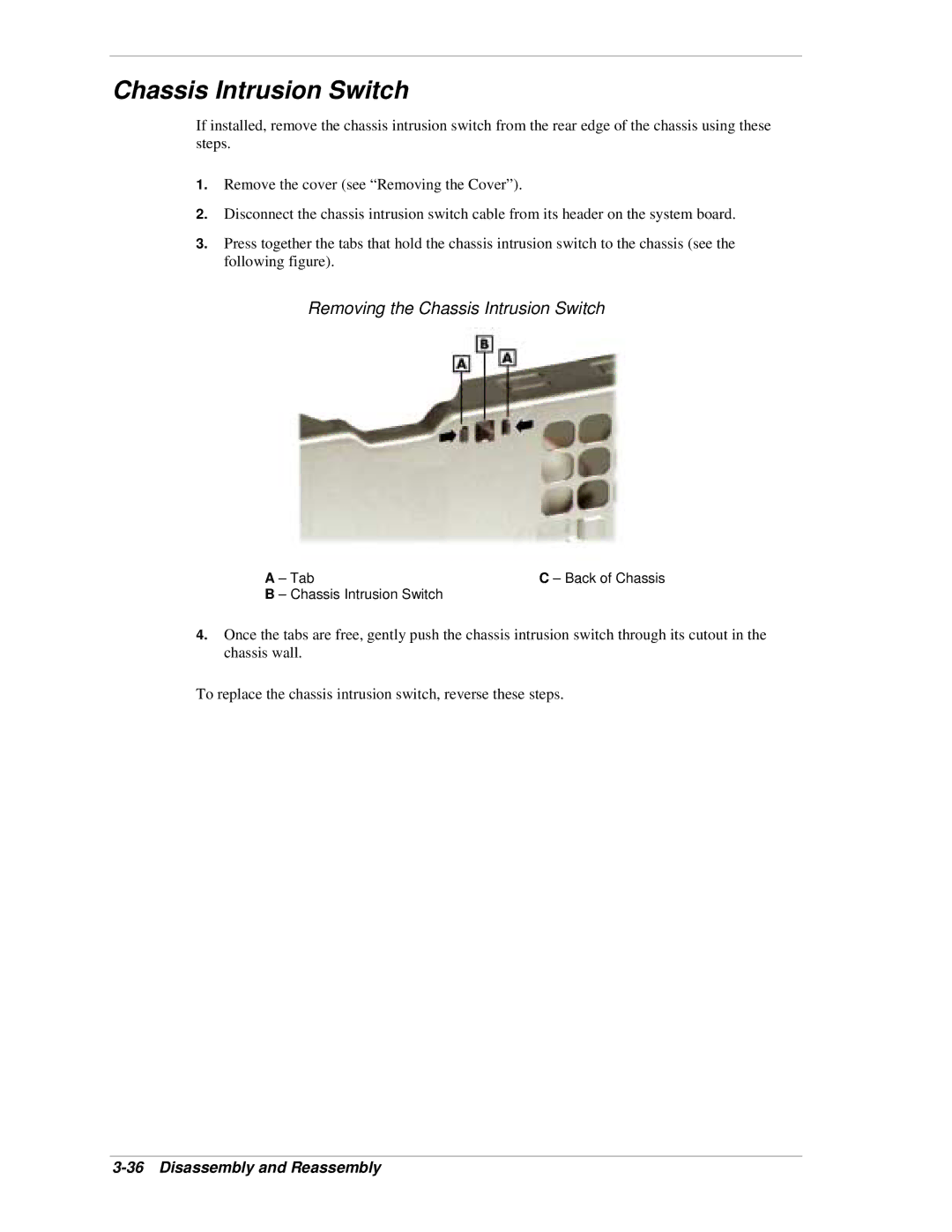 NEC PowerMate CT manual Removing the Chassis Intrusion Switch, Tab 