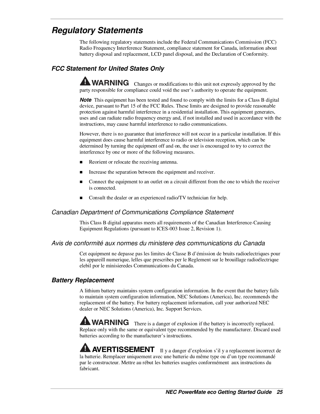 NEC PowerMate eco warranty Regulatory Statements, FCC Statement for United States Only, Battery Replacement 