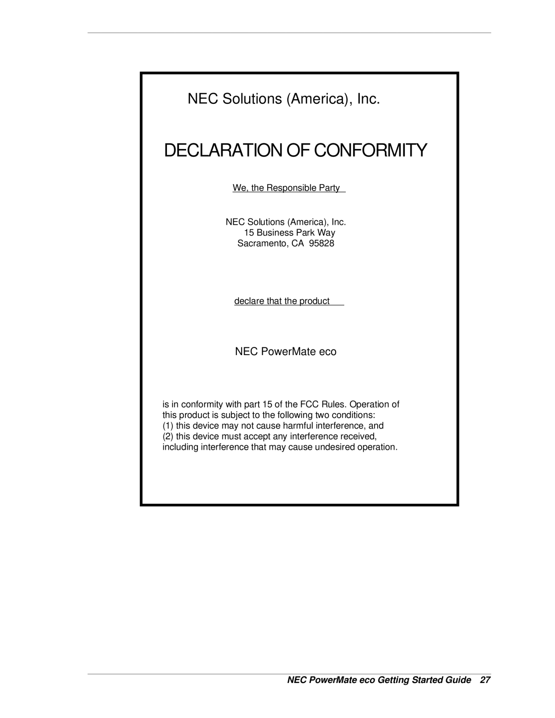 NEC PowerMate eco warranty Declaration of Conformity 