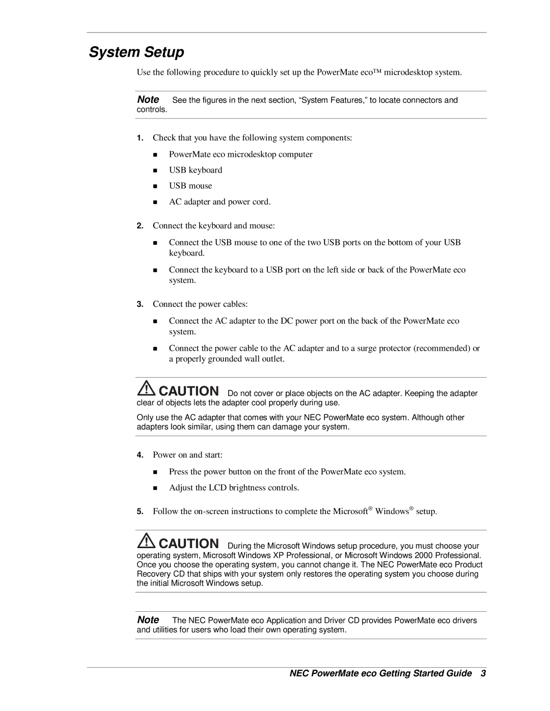 NEC PowerMate eco warranty System Setup, Power on and start 