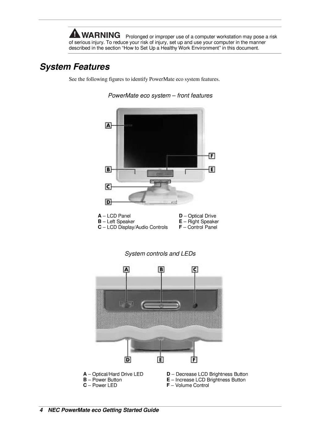 NEC warranty System Features, PowerMate eco system front features, System controls and LEDs 