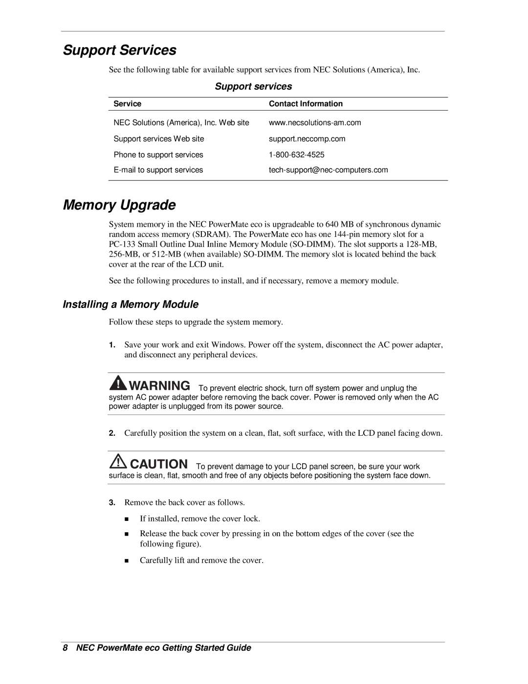 NEC PowerMate eco warranty Support Services, Memory Upgrade, Installing a Memory Module 