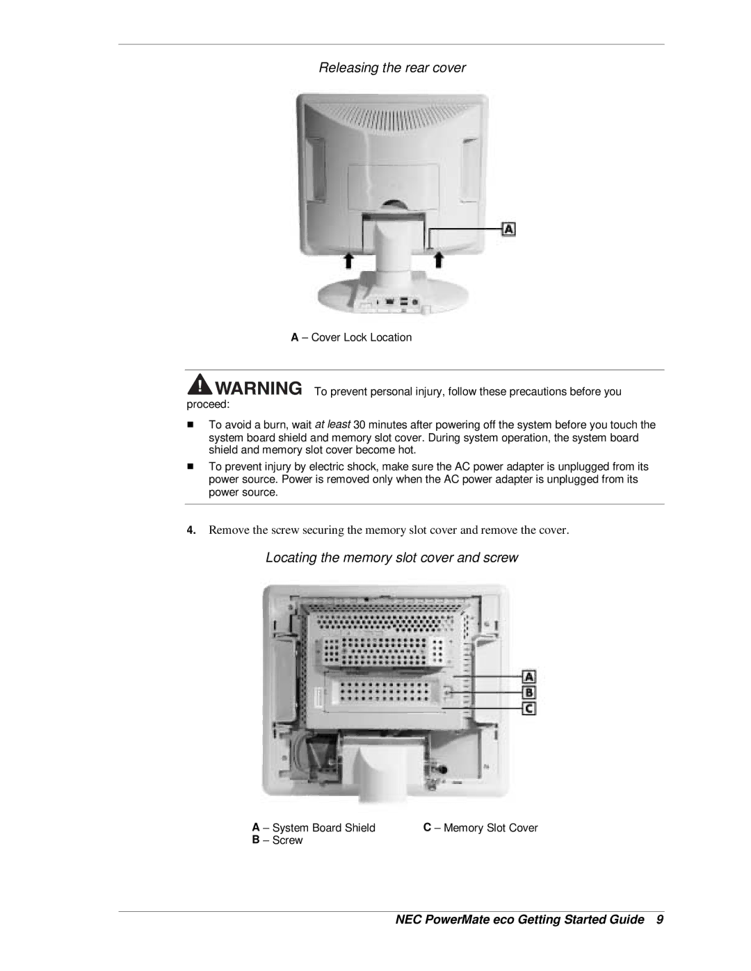 NEC PowerMate eco warranty Releasing the rear cover, Locating the memory slot cover and screw 