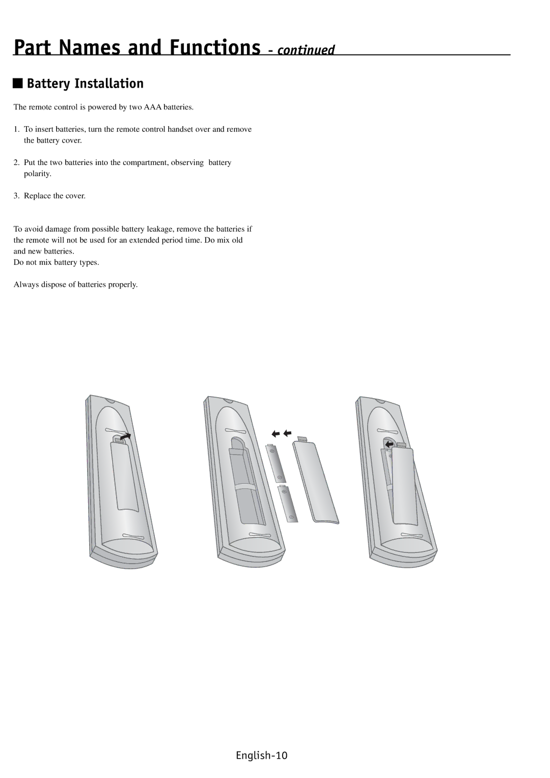 NEC PV46, PV40, PV32 user manual Battery Installation, English-10 