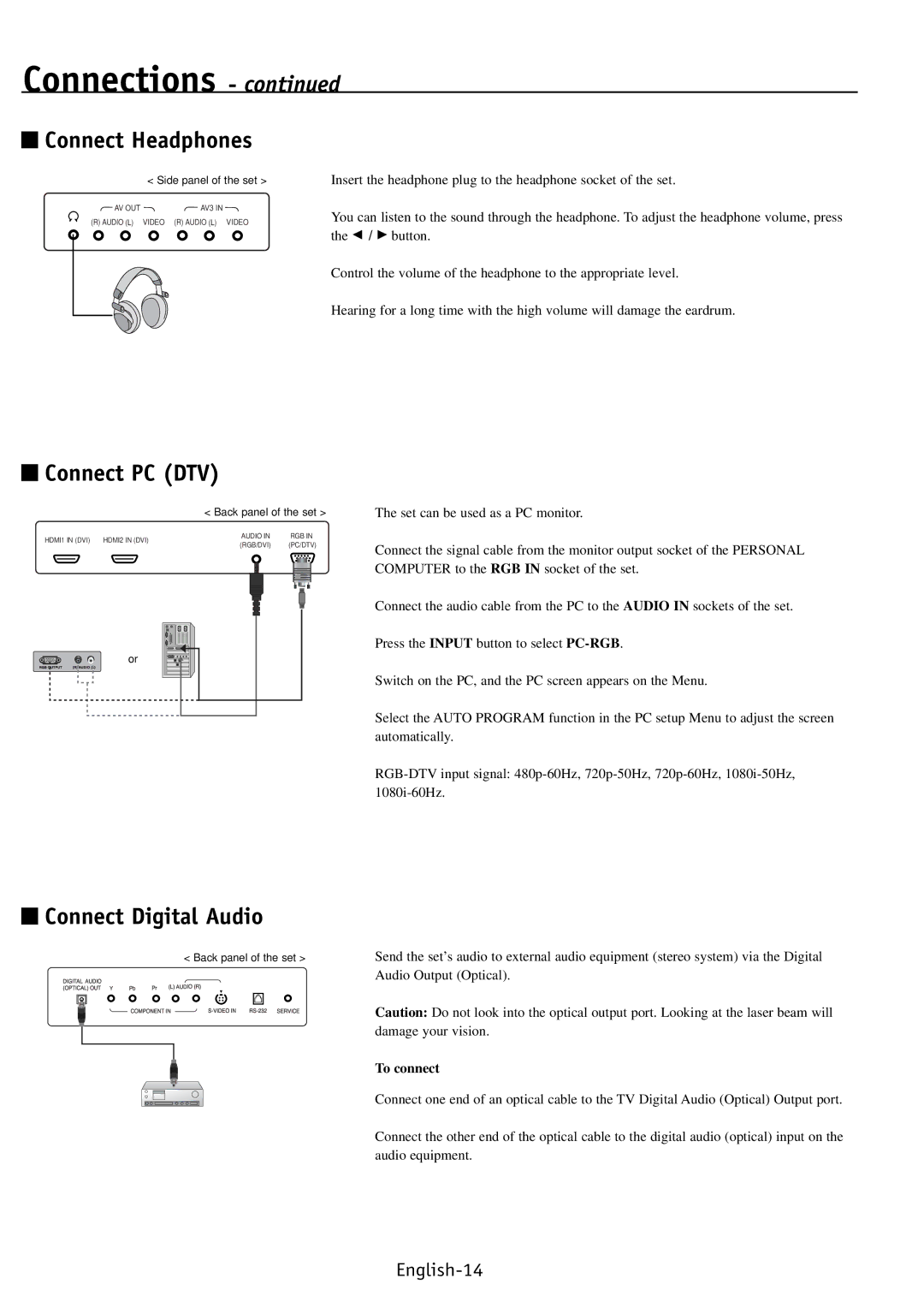 NEC PV40, PV32, PV46 user manual Connect Headphones, Connect PC DTV, Connect Digital Audio, To connect 