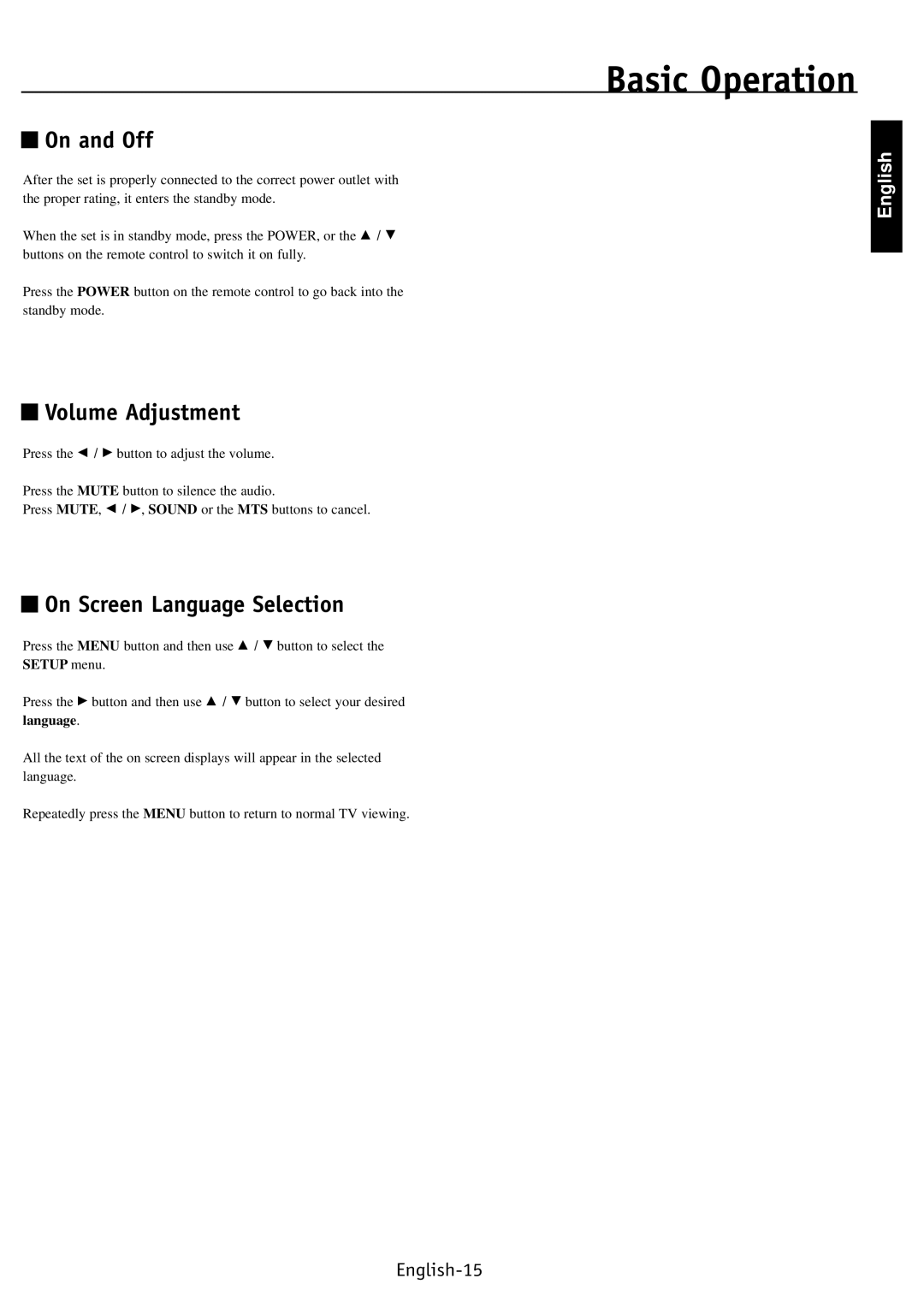 NEC PV32, PV40, PV46 user manual Basic Operation, On and Off, Volume Adjustment, On Screen Language Selection, Setup menu 