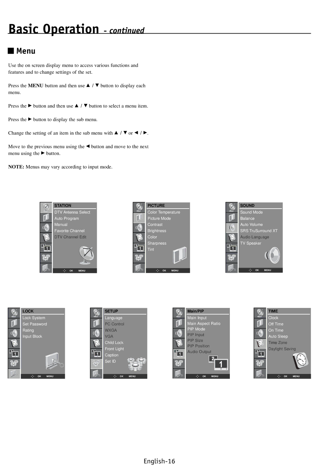 NEC PV46, PV40, PV32 user manual Menu, Time 