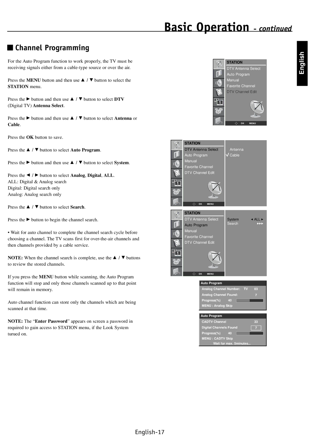 NEC PV40, PV32, PV46 user manual Channel Programming, Station menu, Cable 