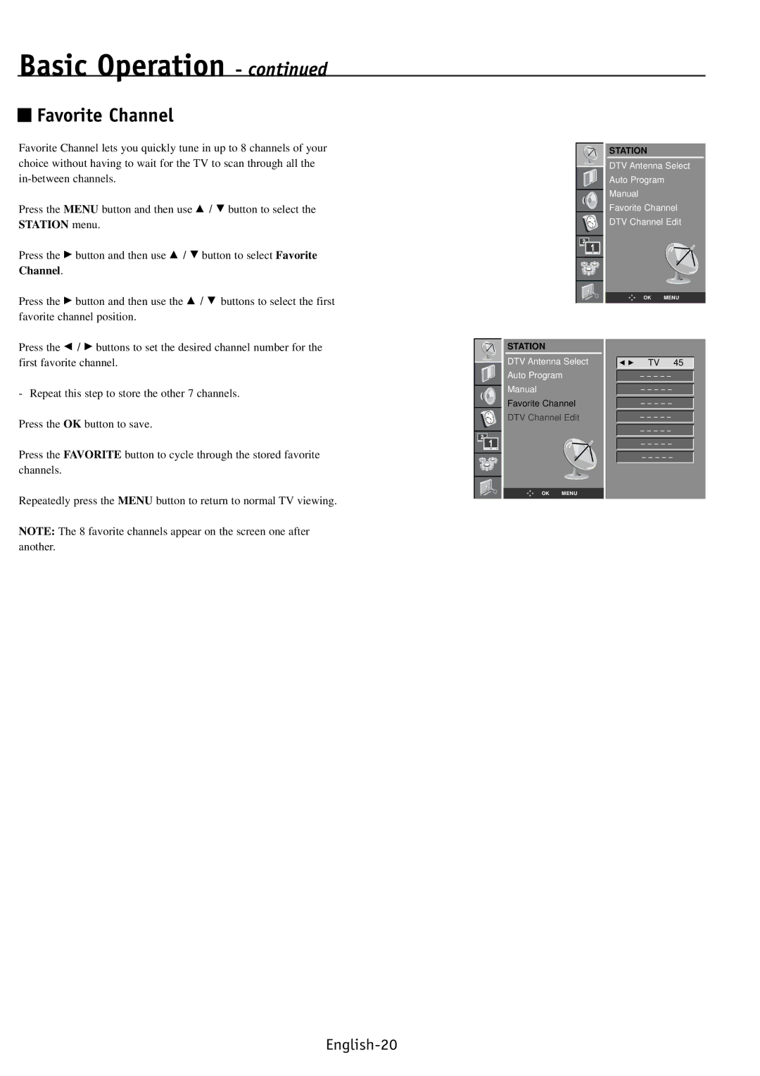 NEC PV40, PV32, PV46 user manual Favorite Channel 