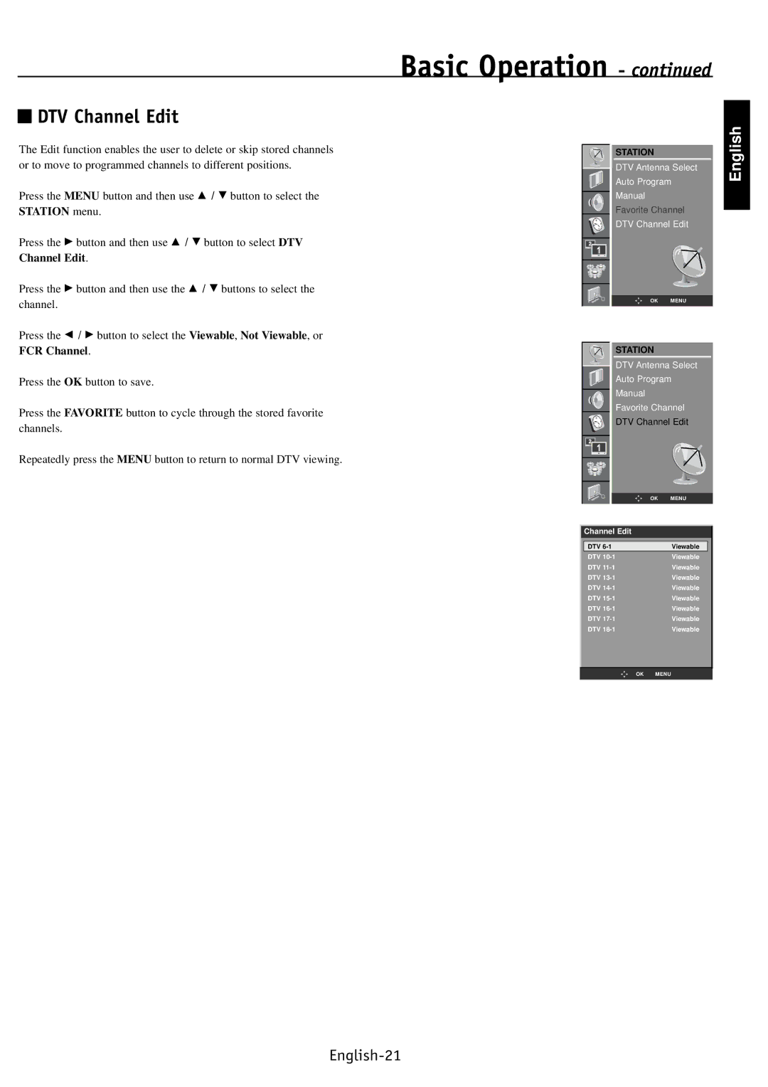 NEC PV32, PV40, PV46 user manual DTV Channel Edit, FCR Channel 