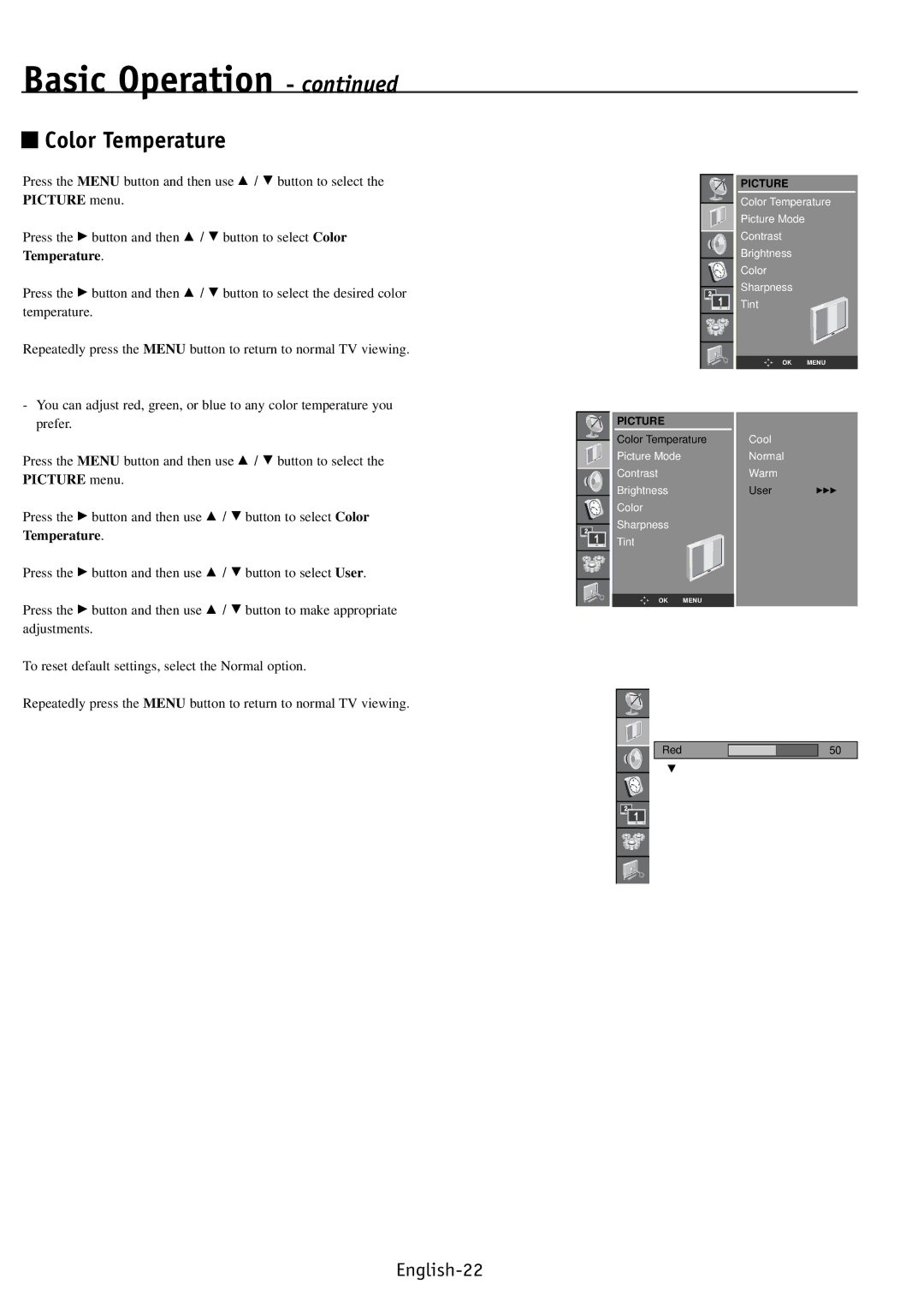 NEC PV46, PV40, PV32 user manual Color Temperature, Picture menu 