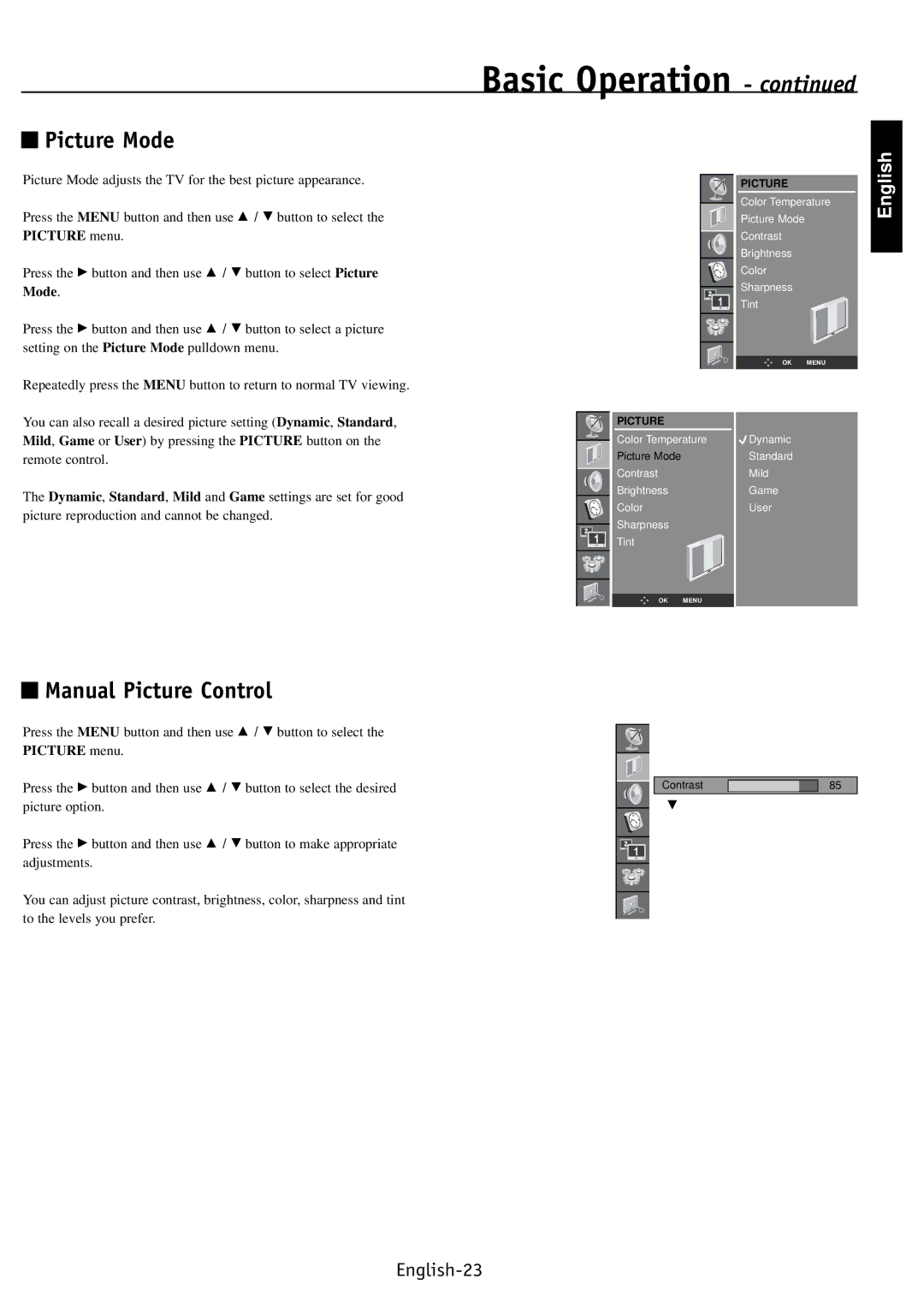 NEC PV40, PV32, PV46 user manual Picture Mode, Manual Picture Control 