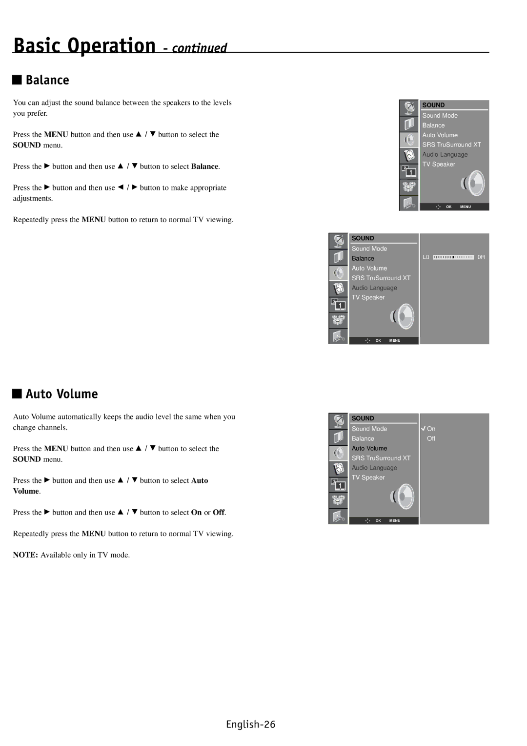 NEC PV40, PV32, PV46 user manual Balance, Auto Volume 