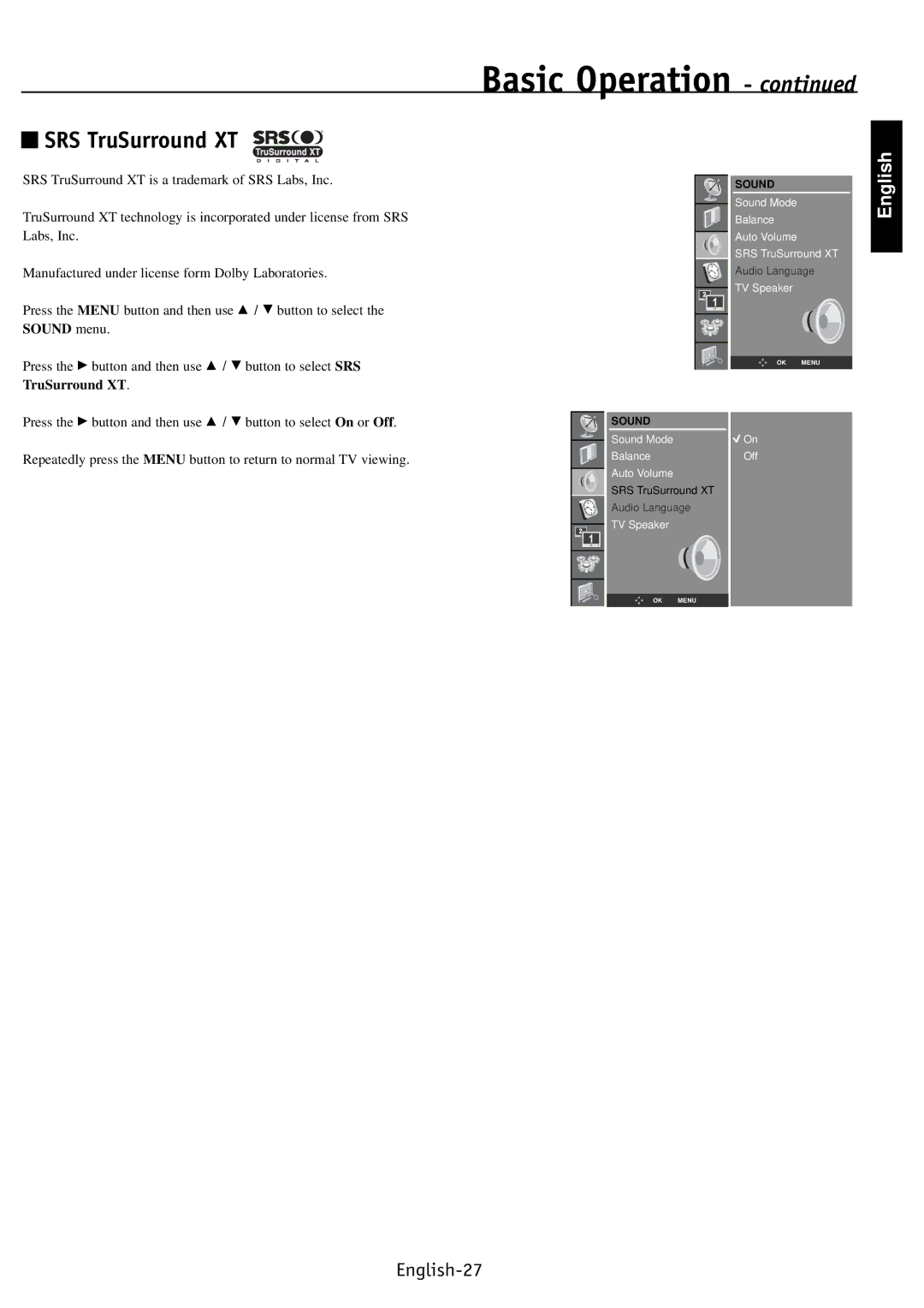 NEC PV32, PV40, PV46 user manual SRS TruSurround XT 