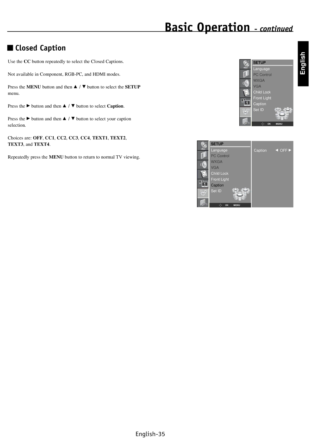 NEC PV40, PV32, PV46 user manual Closed Caption 