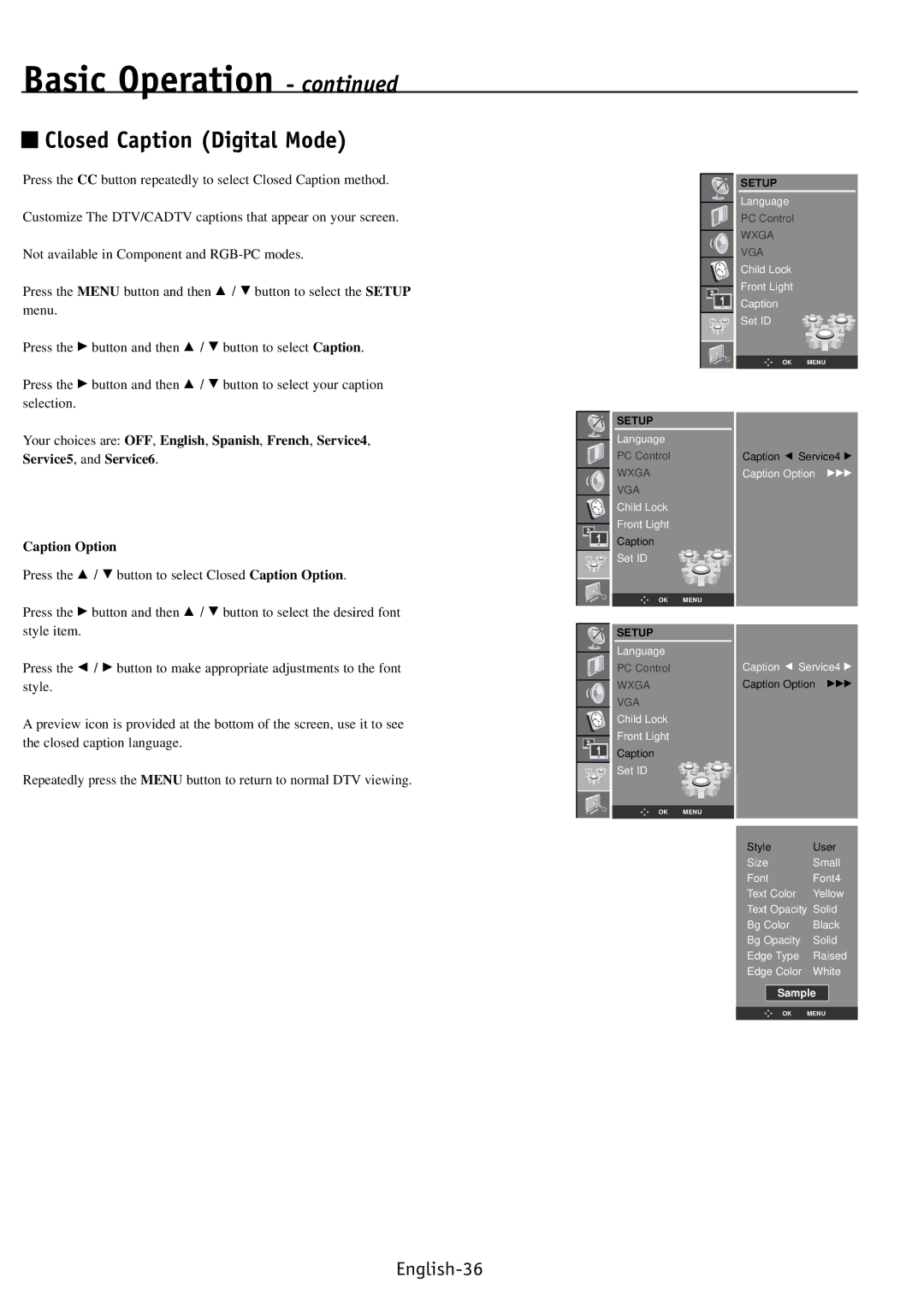 NEC PV32, PV40, PV46 user manual Closed Caption Digital Mode, Caption Option 