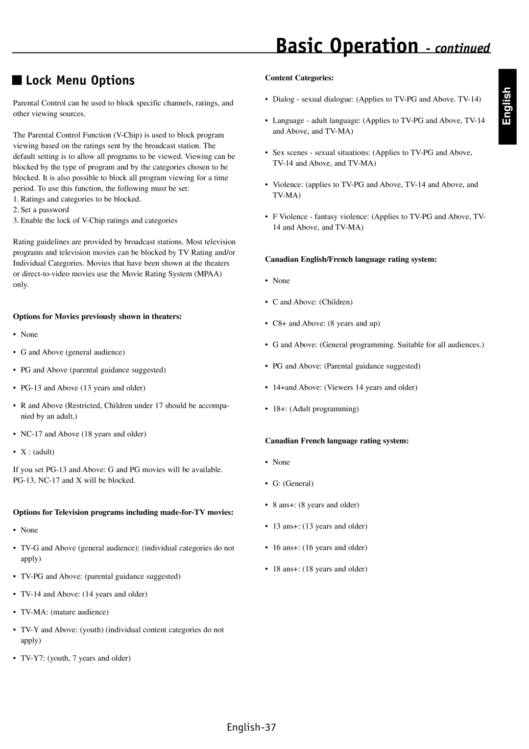 NEC PV46, PV40, PV32 user manual Lock Menu Options, Options for Movies previously shown in theaters, Content Categories 