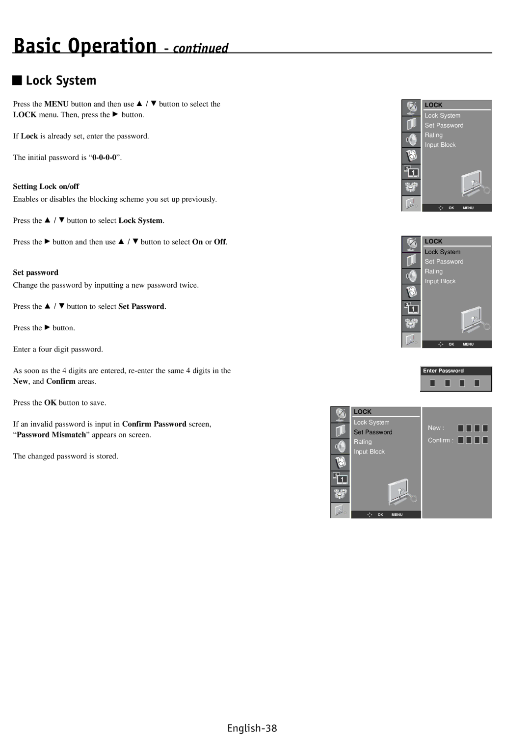 NEC PV40, PV32, PV46 user manual Lock System, Setting Lock on/off, Set password 