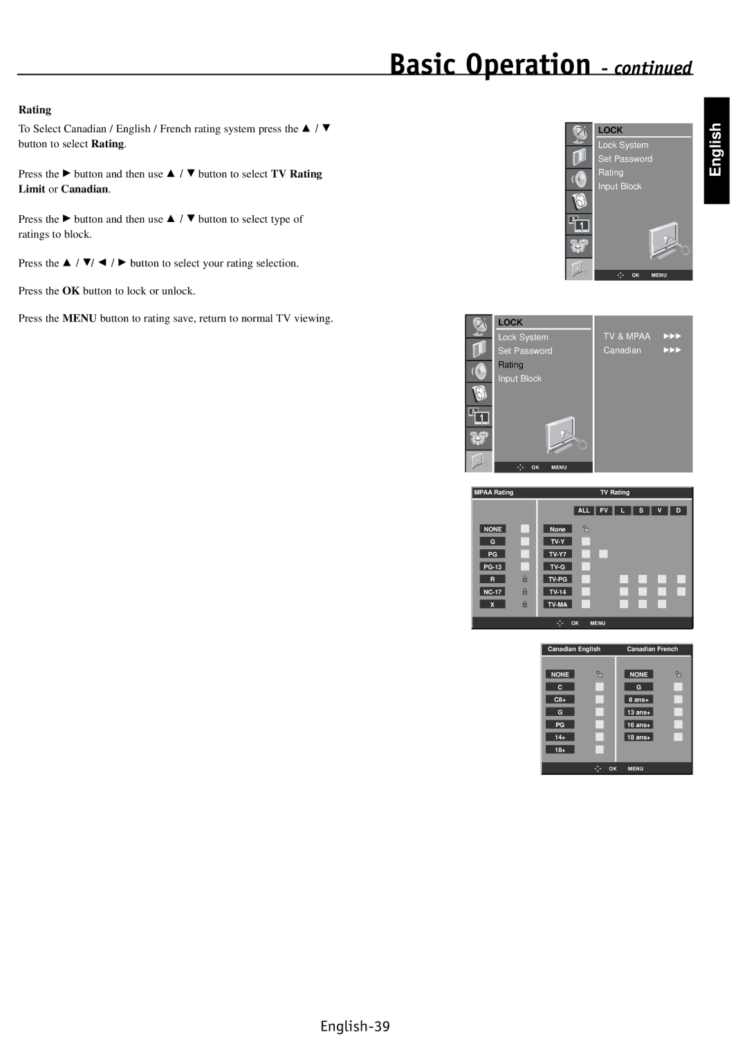 NEC PV32, PV40, PV46 user manual Rating, TV & Mpaa 