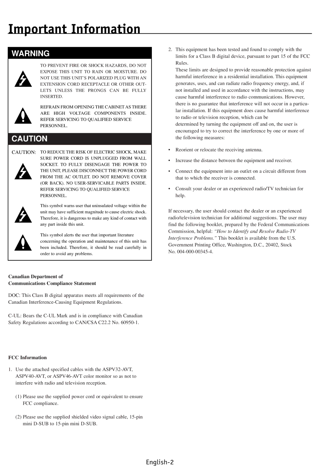 NEC PV40, PV32, PV46 user manual Important Information, Canadian Department Communications Compliance Statement 