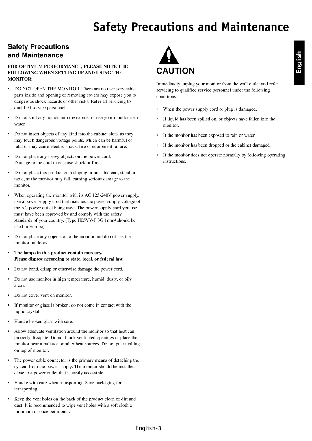 NEC PV32, PV40, PV46 user manual Safety Precautions and Maintenance 