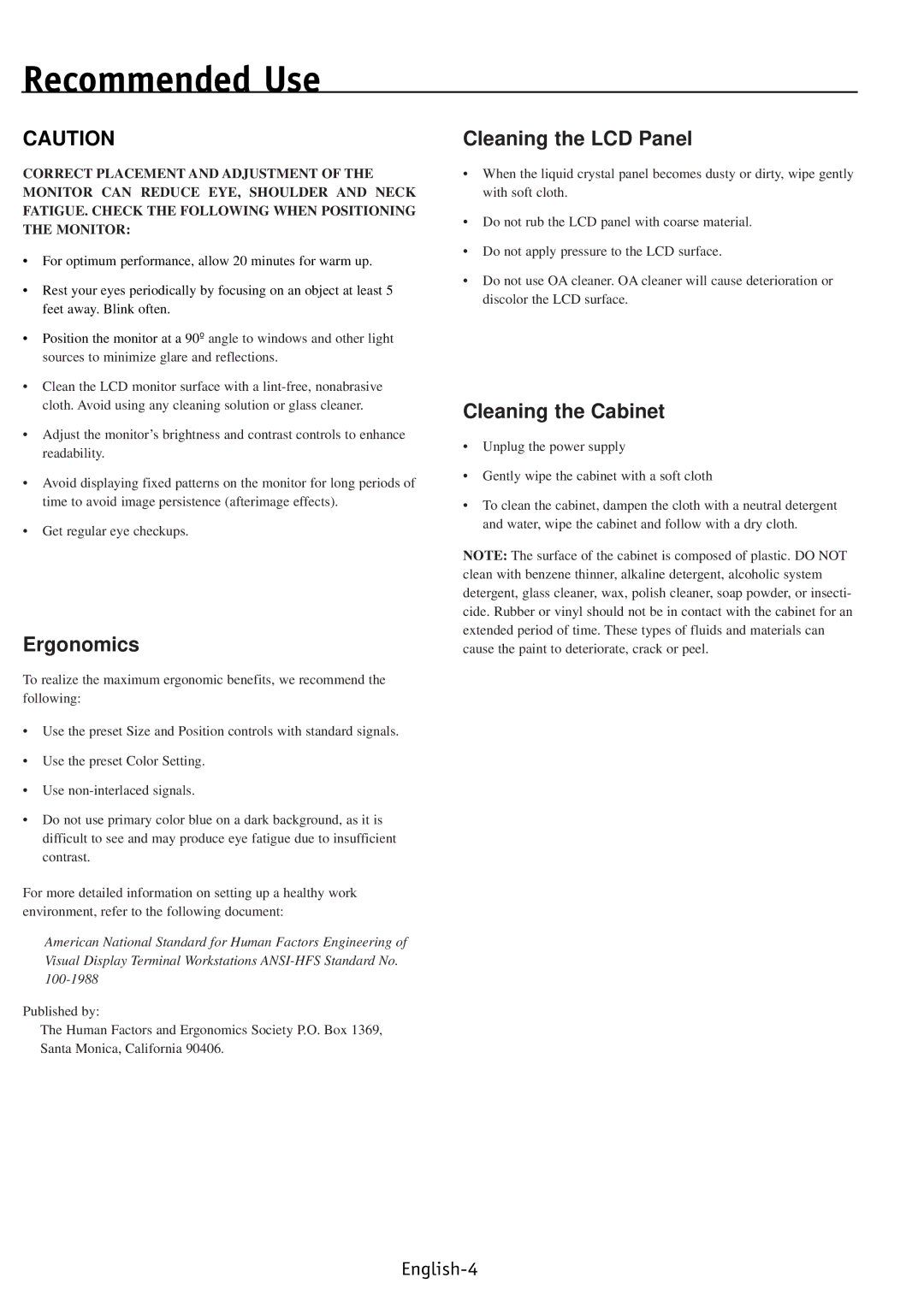 NEC PV46, PV40, PV32 user manual Recommended Use, Ergonomics 