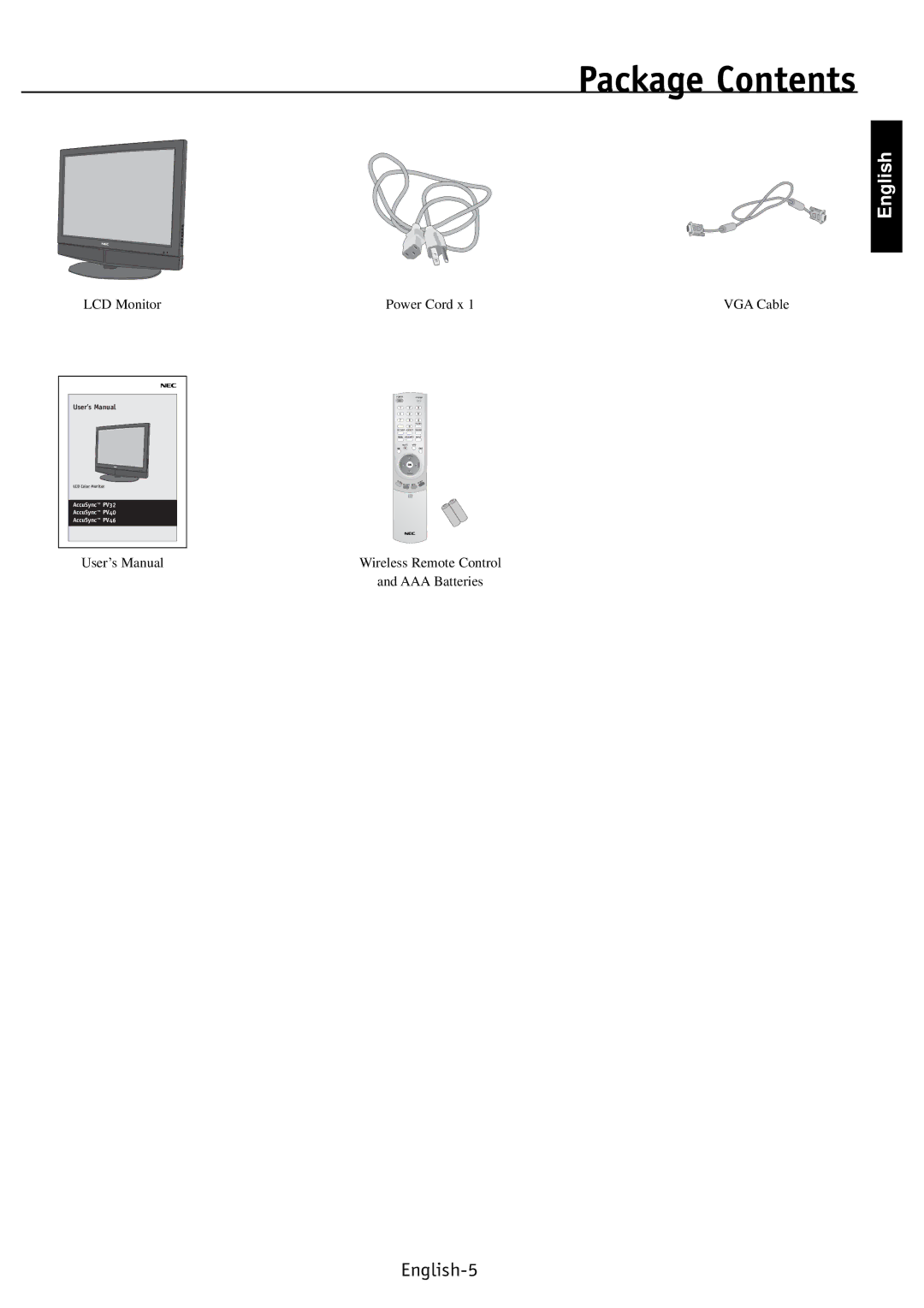 NEC PV40, PV32, PV46 user manual Package Contents 